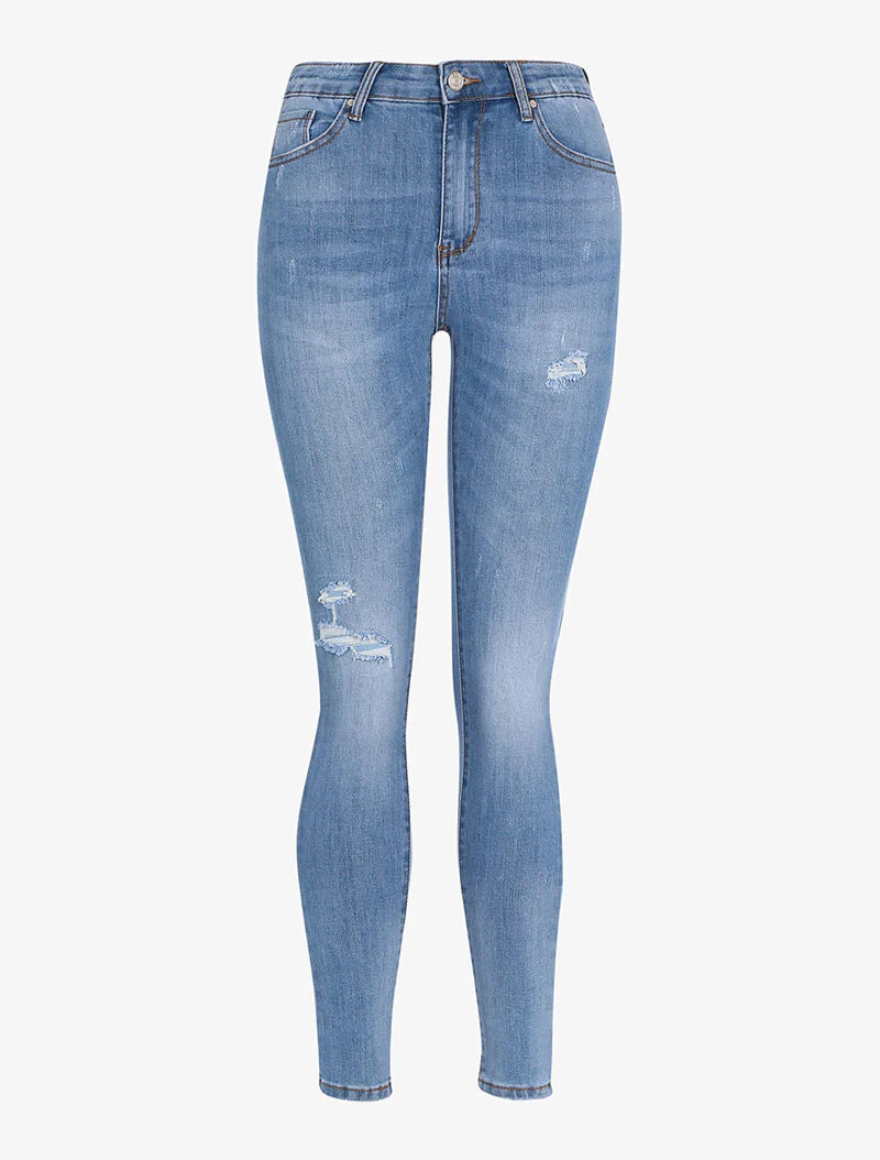 Jean effet usé et griffé - denim clair - Image 4