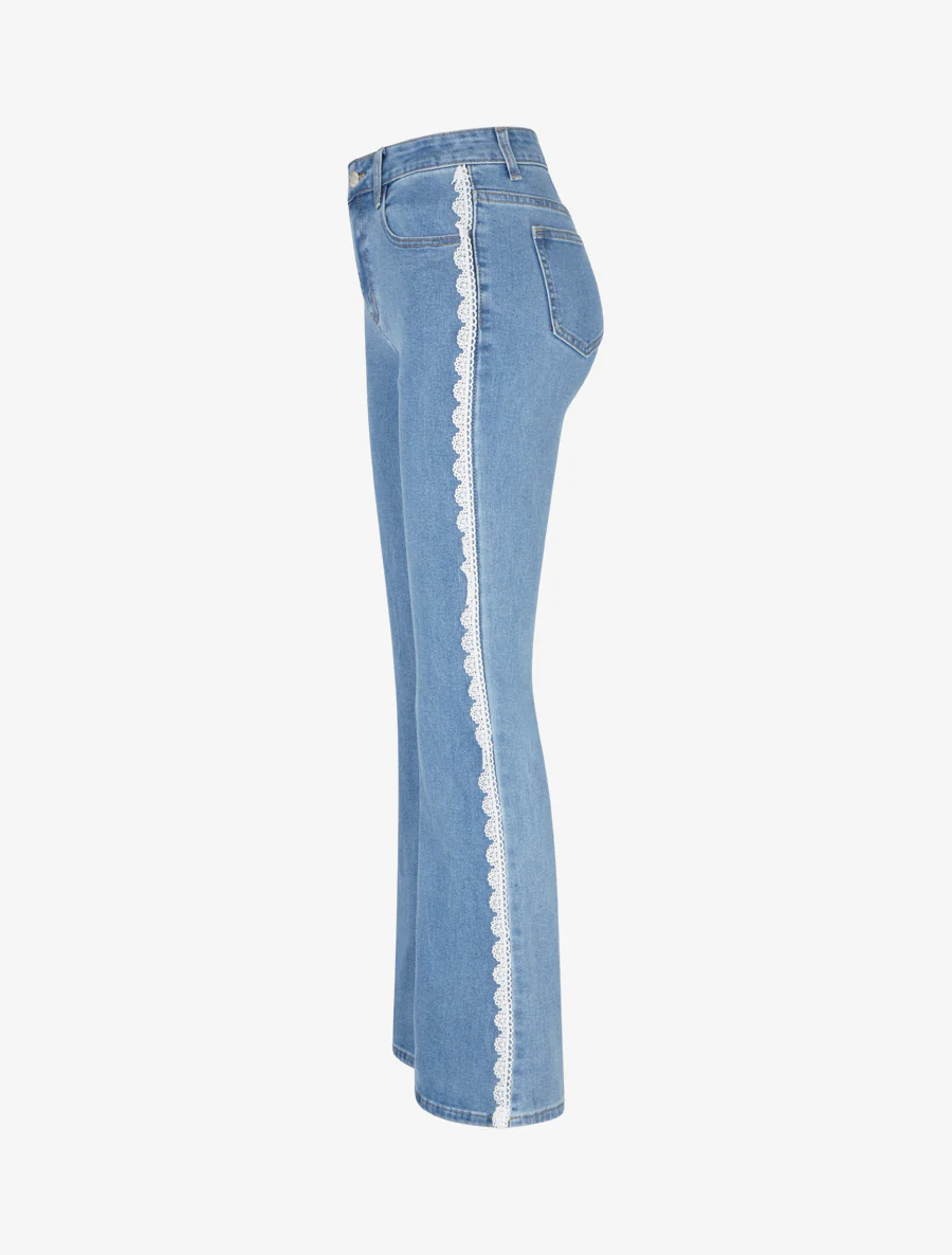 Jean flare à liseré en dentelle - Bleu - Image 3