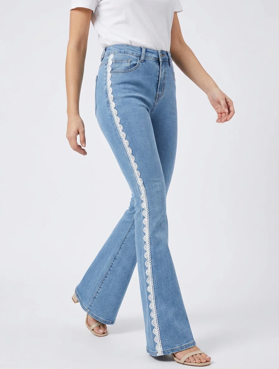 Jean flare à liseré en dentelle - Bleu - Image 5