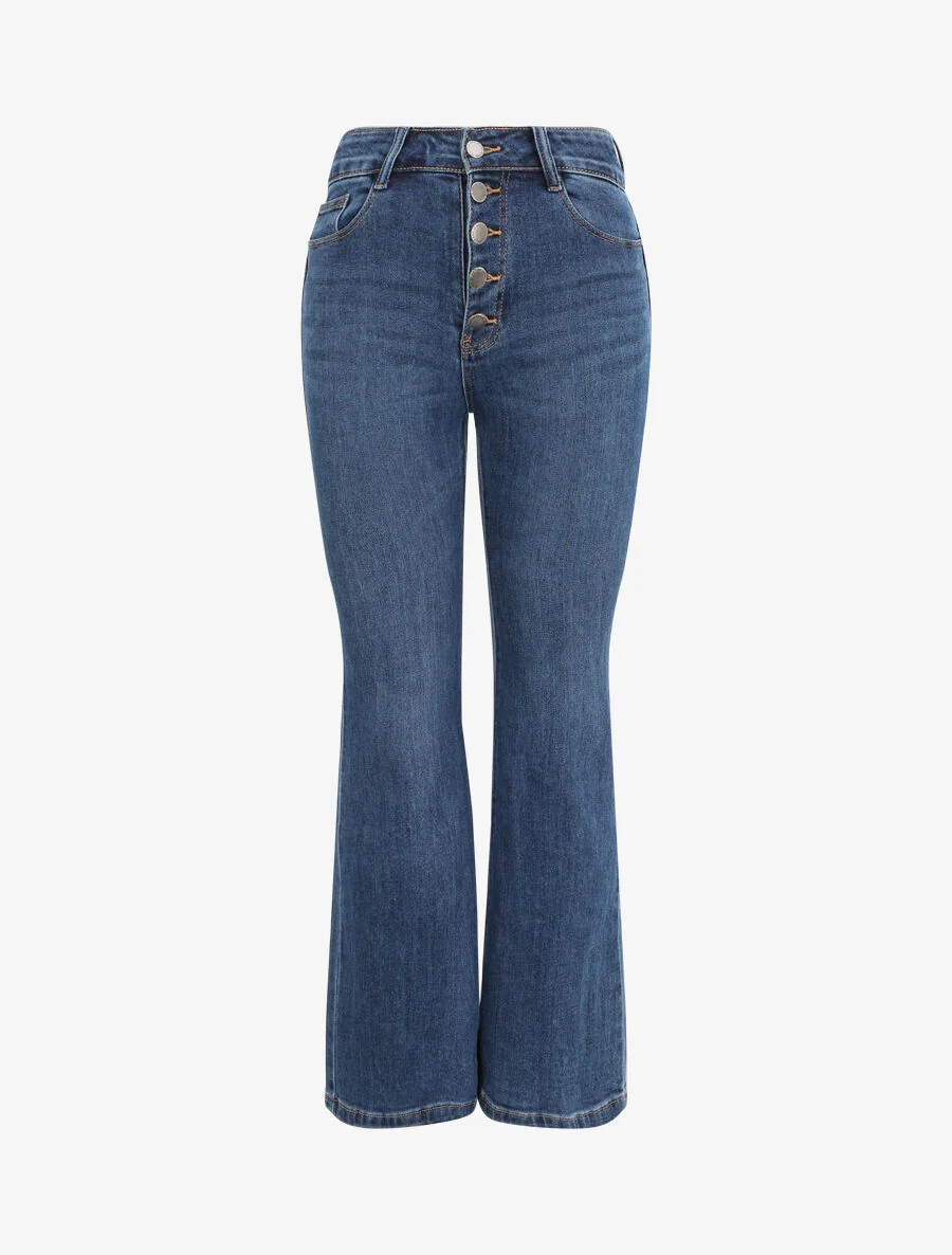 Jean flare à taille haute boutonnée - Bleu