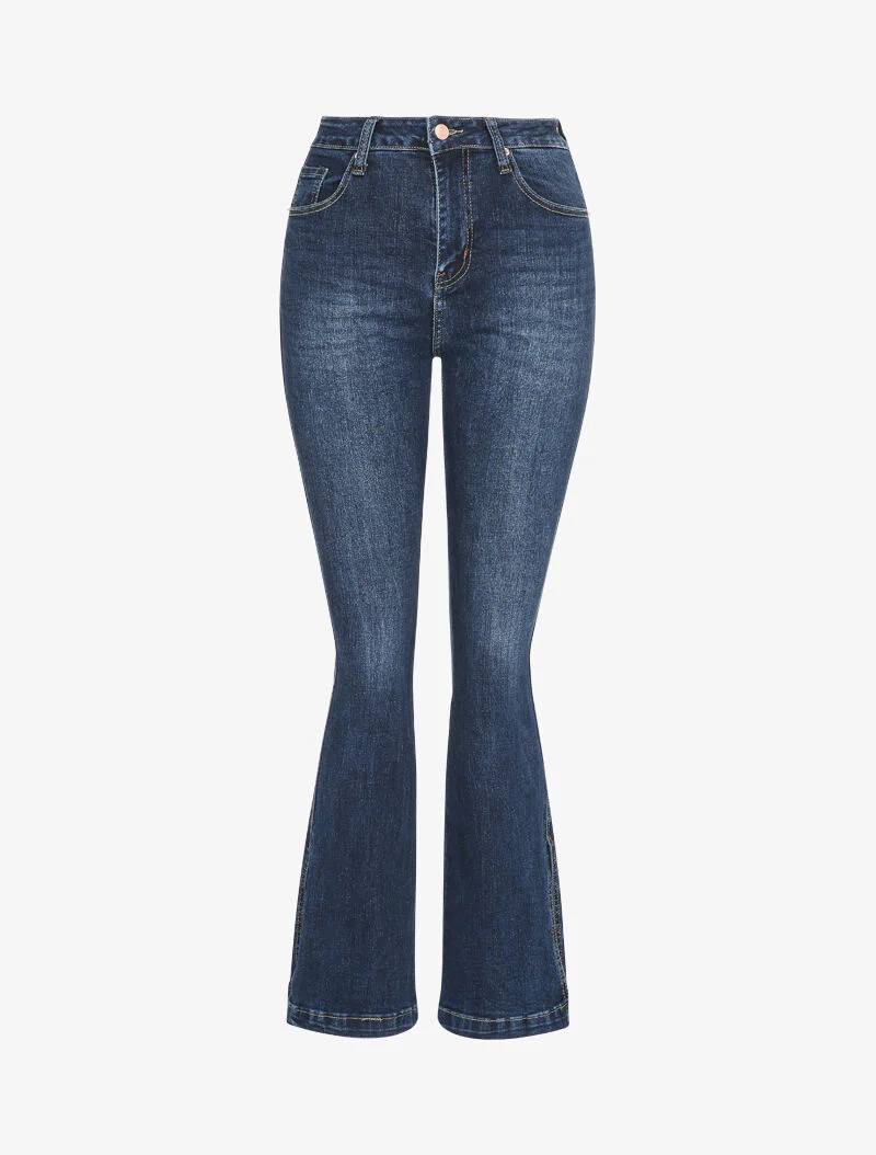 Jean flare à taille haute et bords fendus - Bleu denim