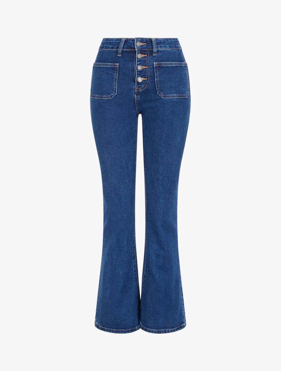 Jean flare boutonné à taille haute - Bleu brut