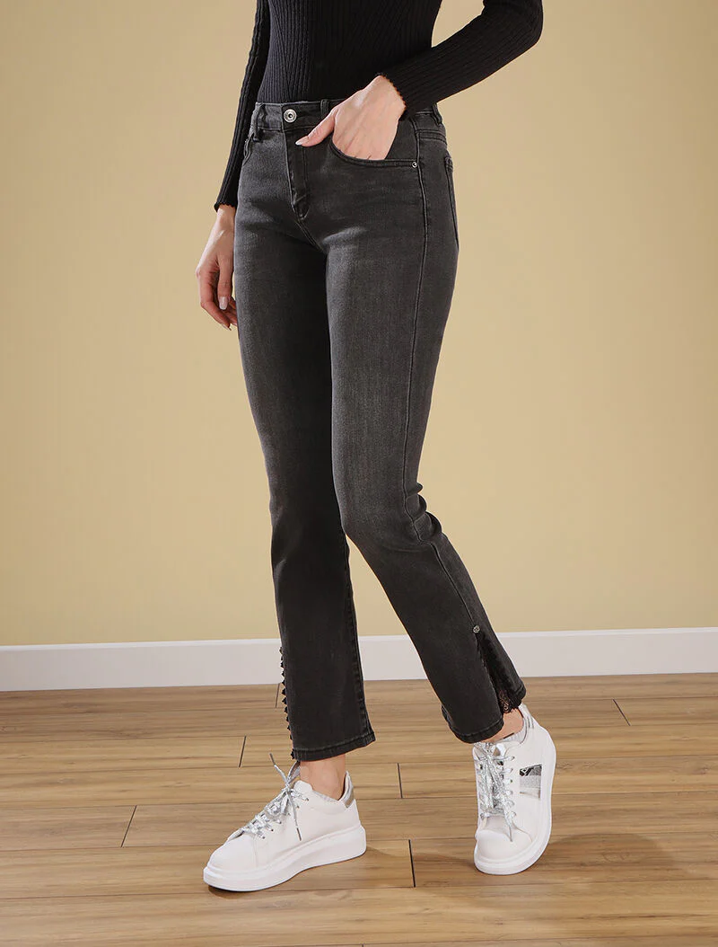 Jean flare empiécé dentelle - anthracite