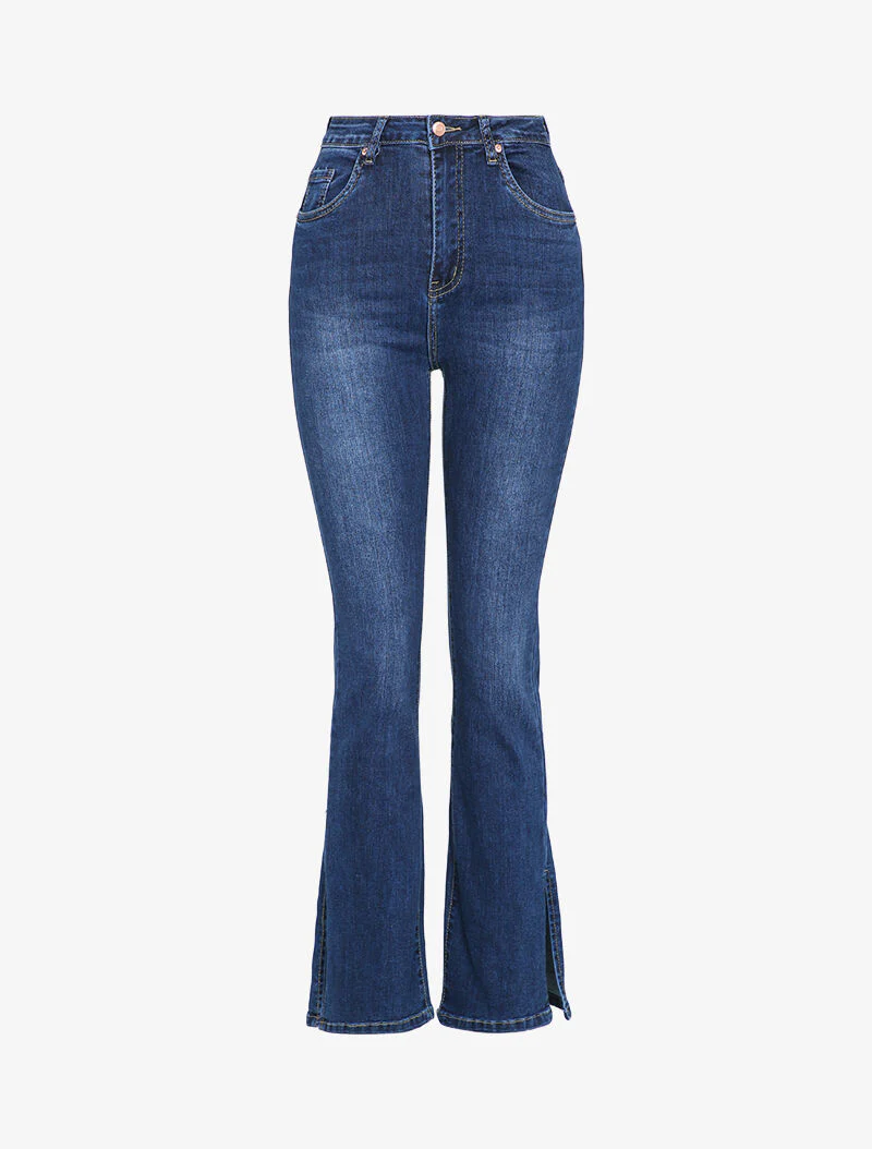 Jean flare légèrement délavé à bords fendus - Bleu denim