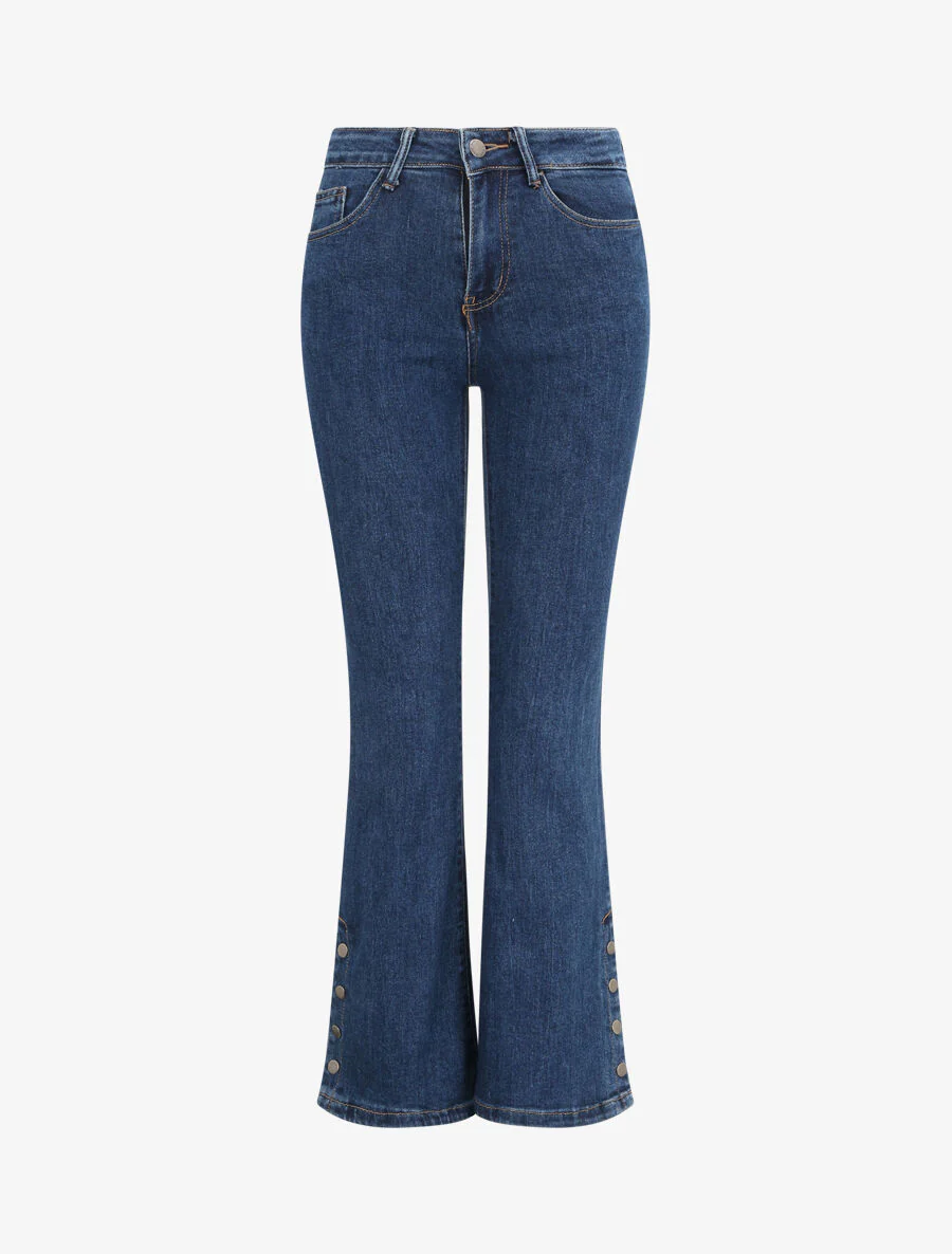 Jean flare taille haute à bords boutonnés - Bleu denim