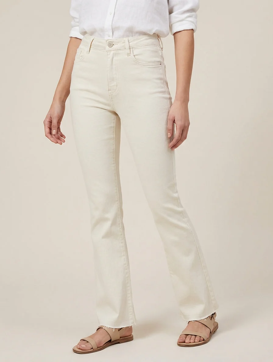 Jean flare taille haute à bords francs - Écru - Image 4