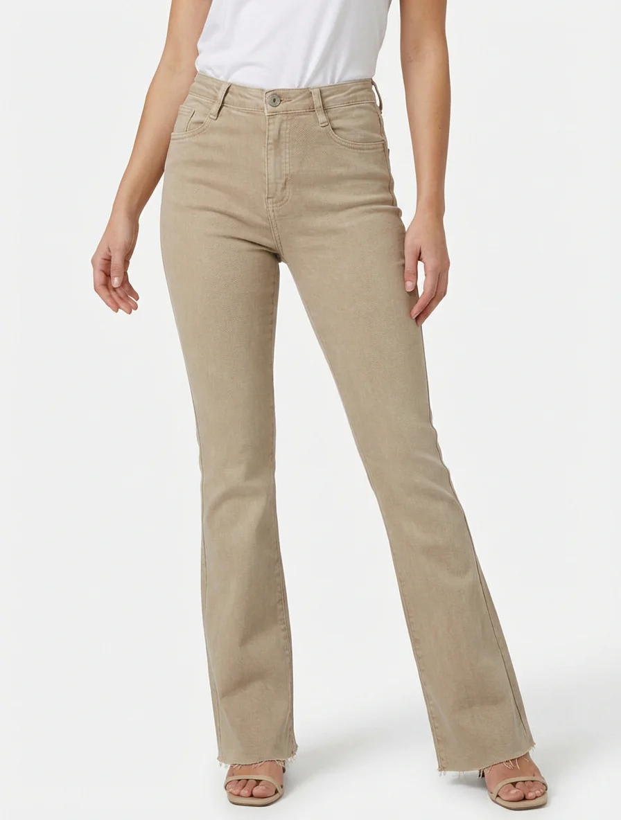 Jean flare taille haute à bords francs - Beige - Image 4