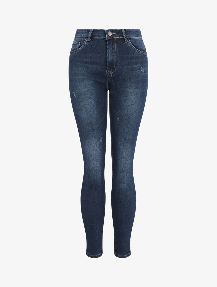 Jean grande taille skinny griffé à taille haute - Bleu foncé