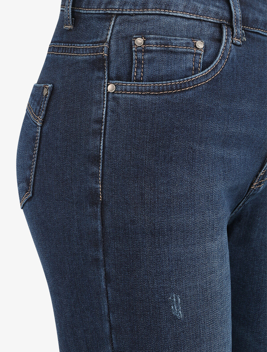 Jean grande taille skinny griffé à taille haute - Bleu foncé - Image 3