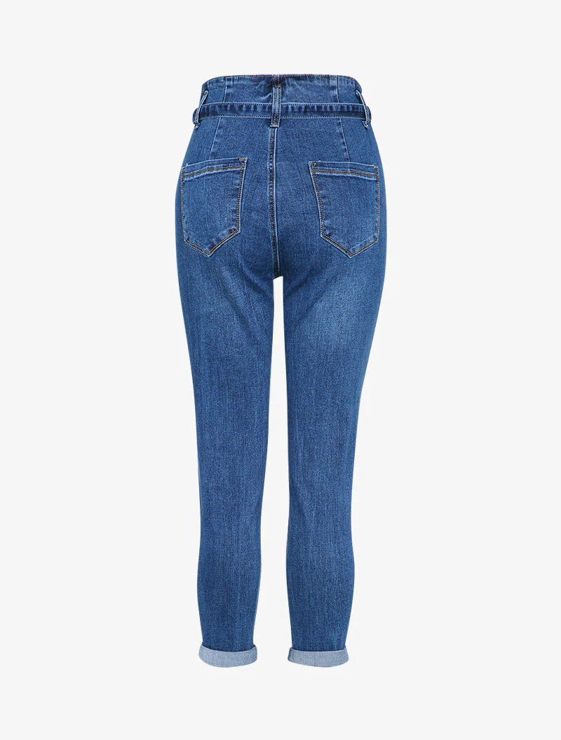 Jean mom à taille empire stylisée - Bleu - Image 2