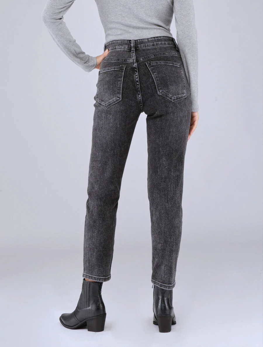 Jean mom boutonné à taille standard - Gris foncé - Image 2