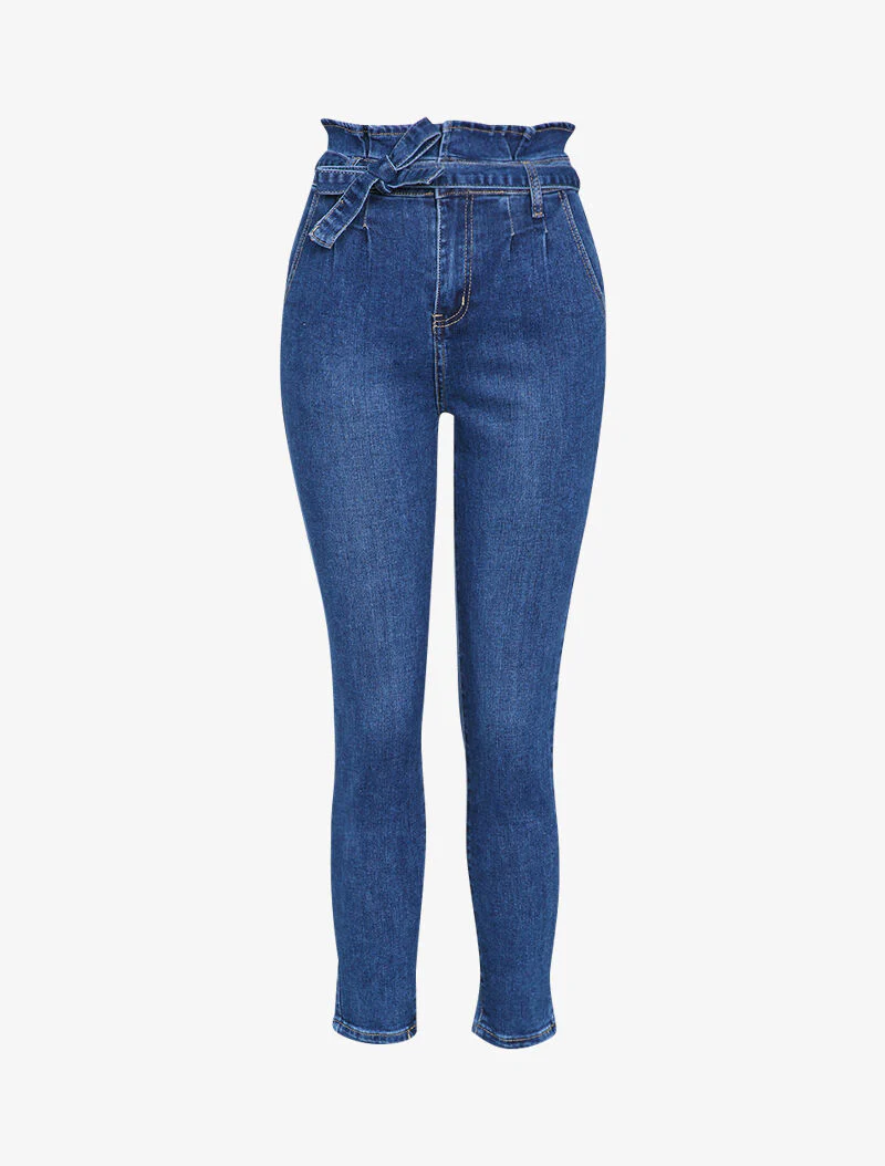 Jean mom taille empire à fronces - Bleu denim
