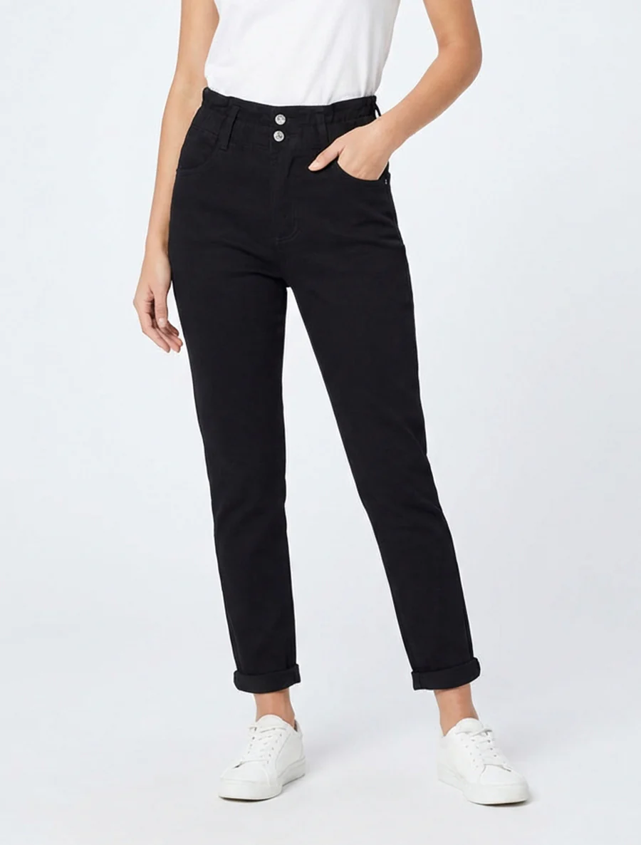 Jean mom taille haute élastiquée - Noir - Image 4