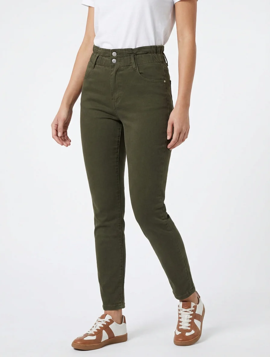 Jean mom taille haute élastiquée - Kaki - Image 4