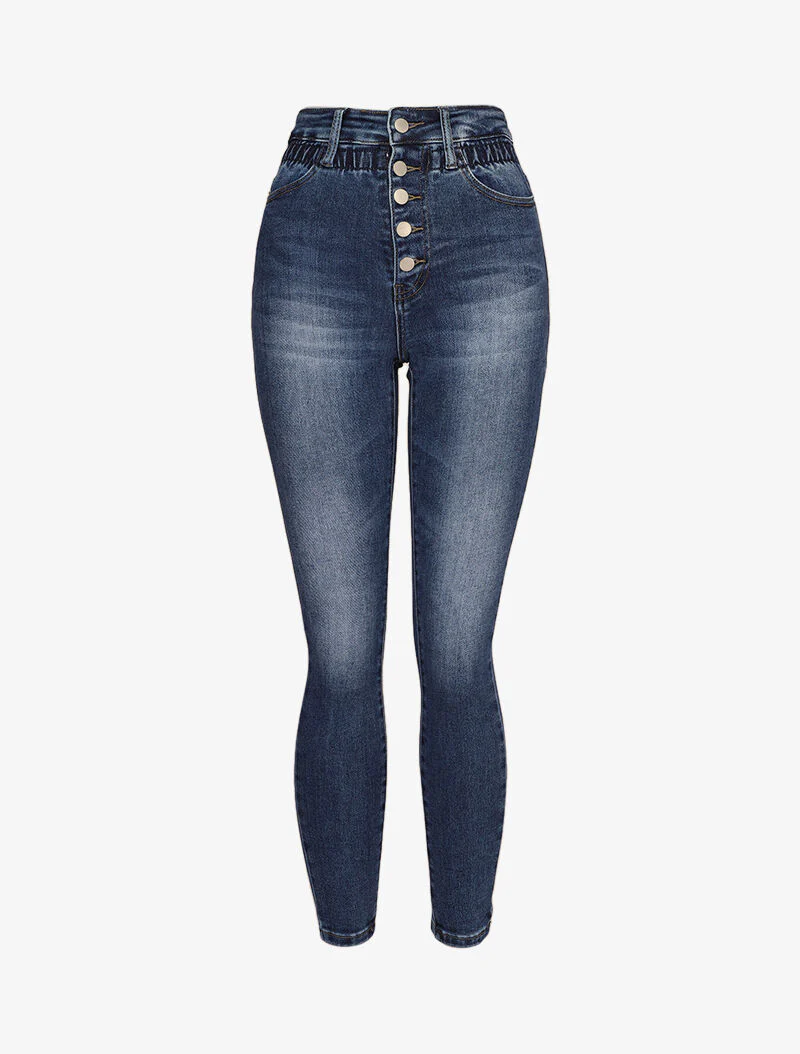 Jean paper bag à taille empire froncée - Bleu denim