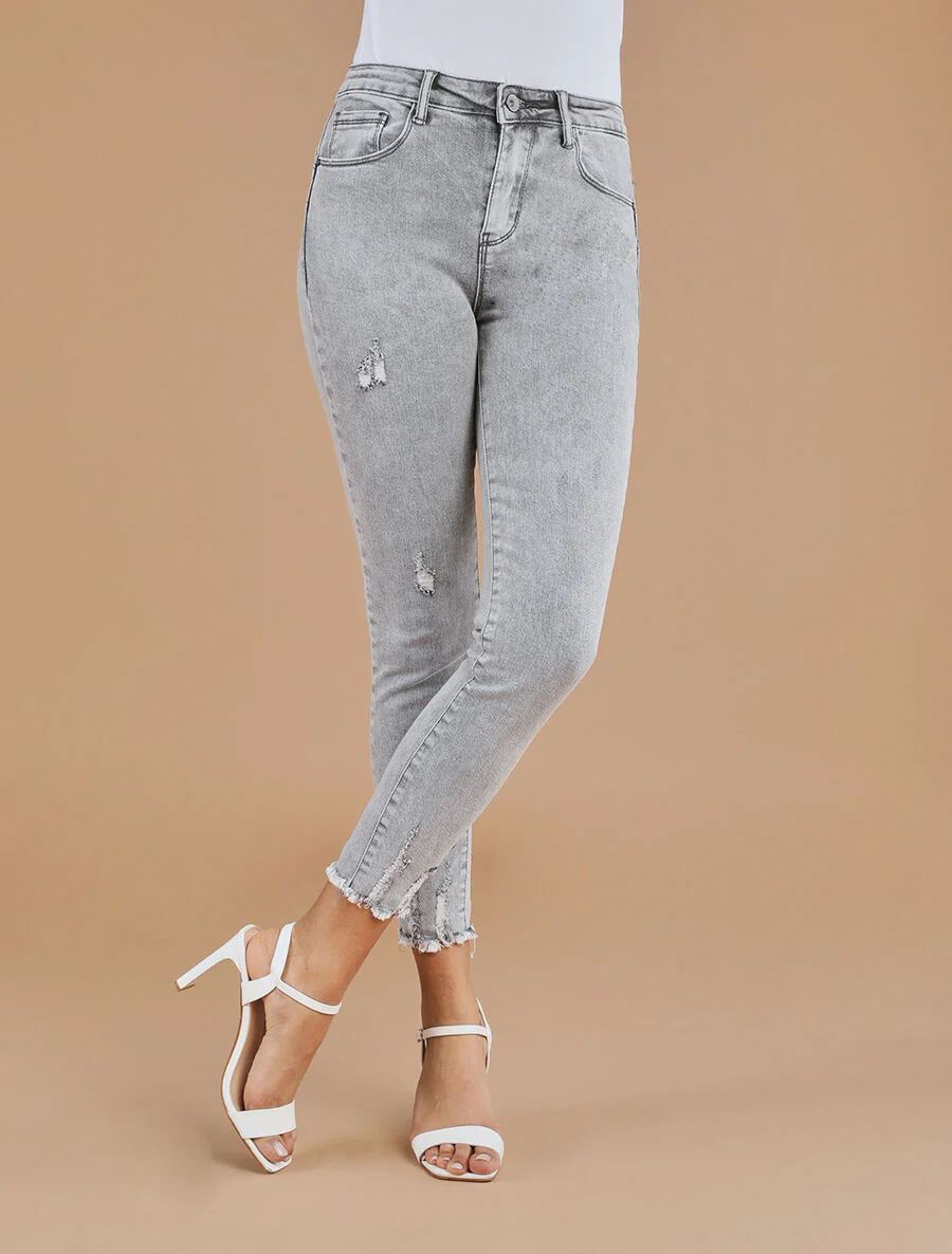 Jean push à bords effilochés coupe skinny - Gris - Image 4