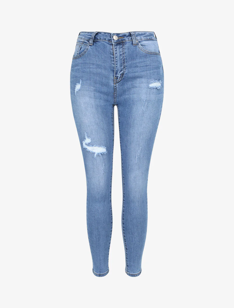Jean push up skinny à déchirures et légérement délavé - Bleu denim