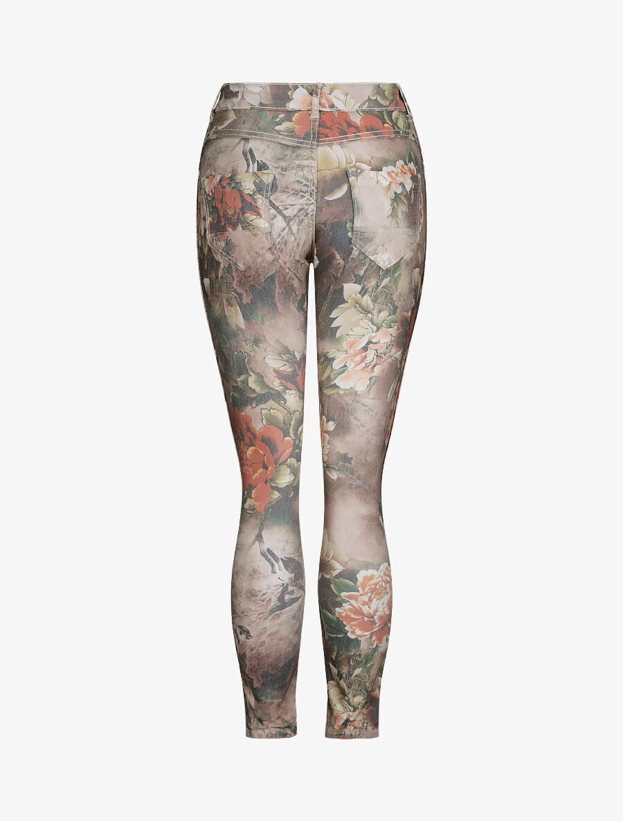 Jean réversible slim taille haute effet froissé imprimé fleuri - Kaki - Image 4