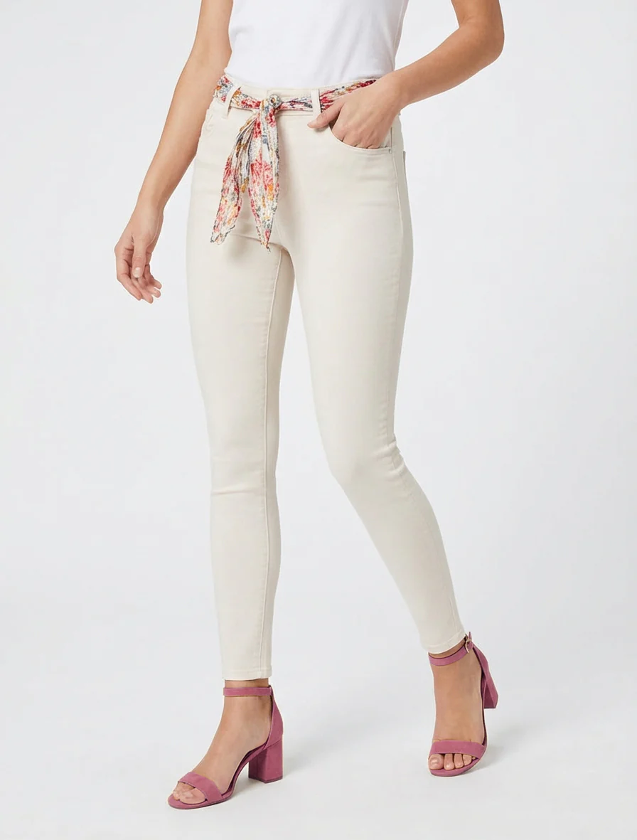 Jean skinny à ceinture imprimée - Beige clair - Image 4