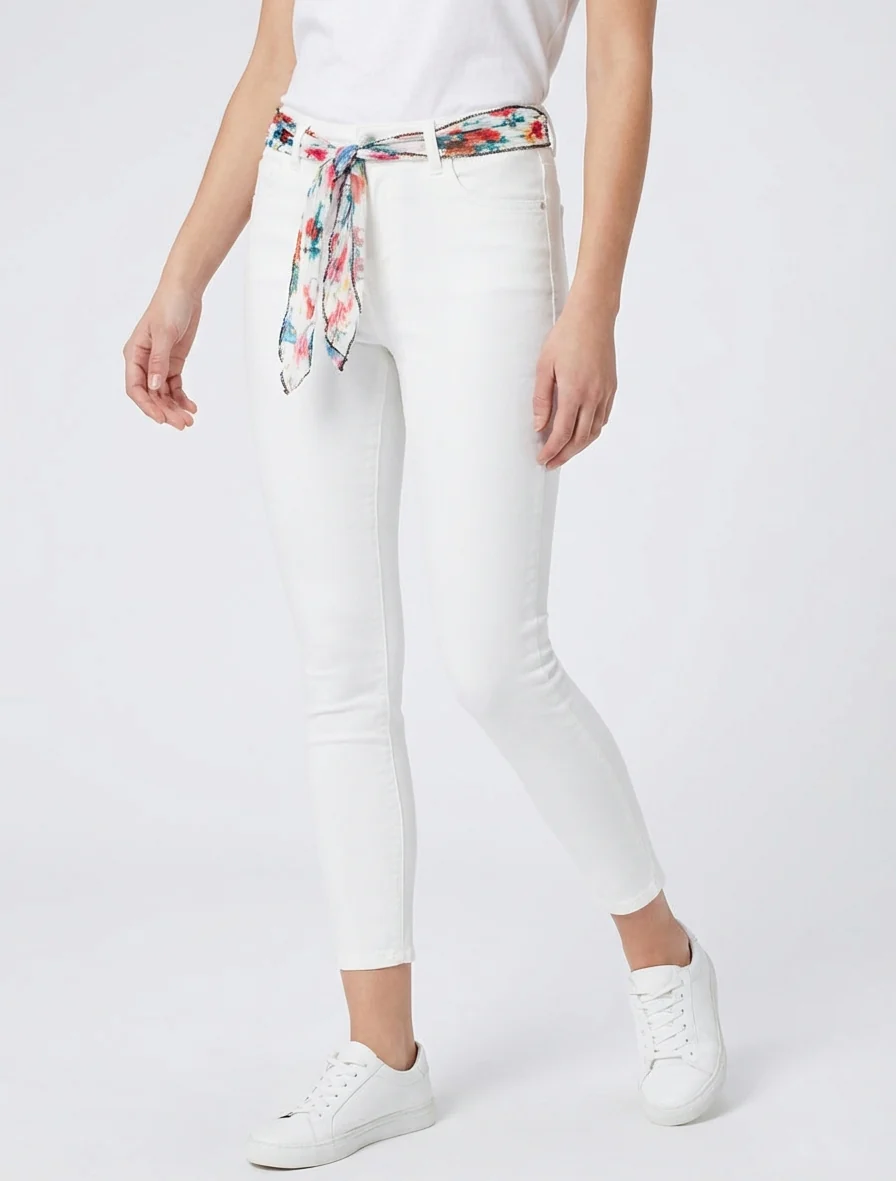 Jean skinny à ceinture imprimée - Blanc - Image 4