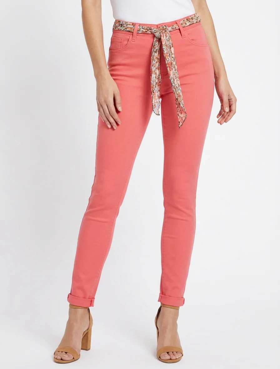 Jean skinny à ceinture imprimée - Corail - Image 4