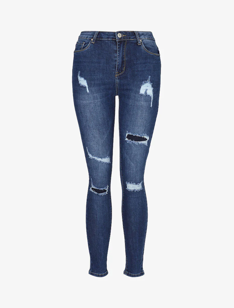 Jean skinny à déchirures doublées - bleu denim