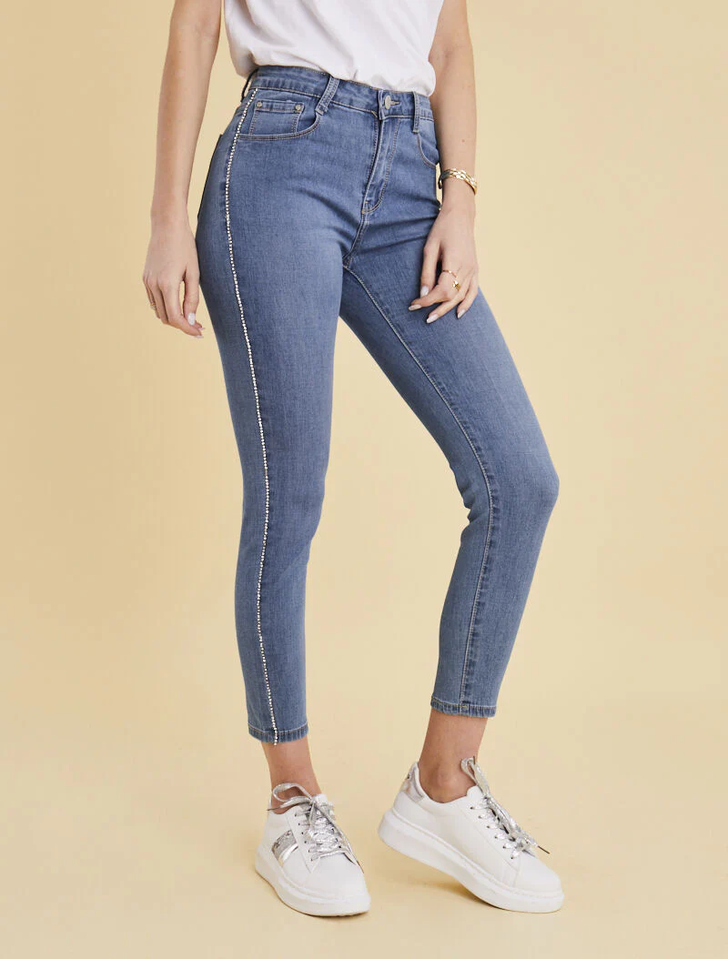 Jean skinny à liserés en strass - bleu denim