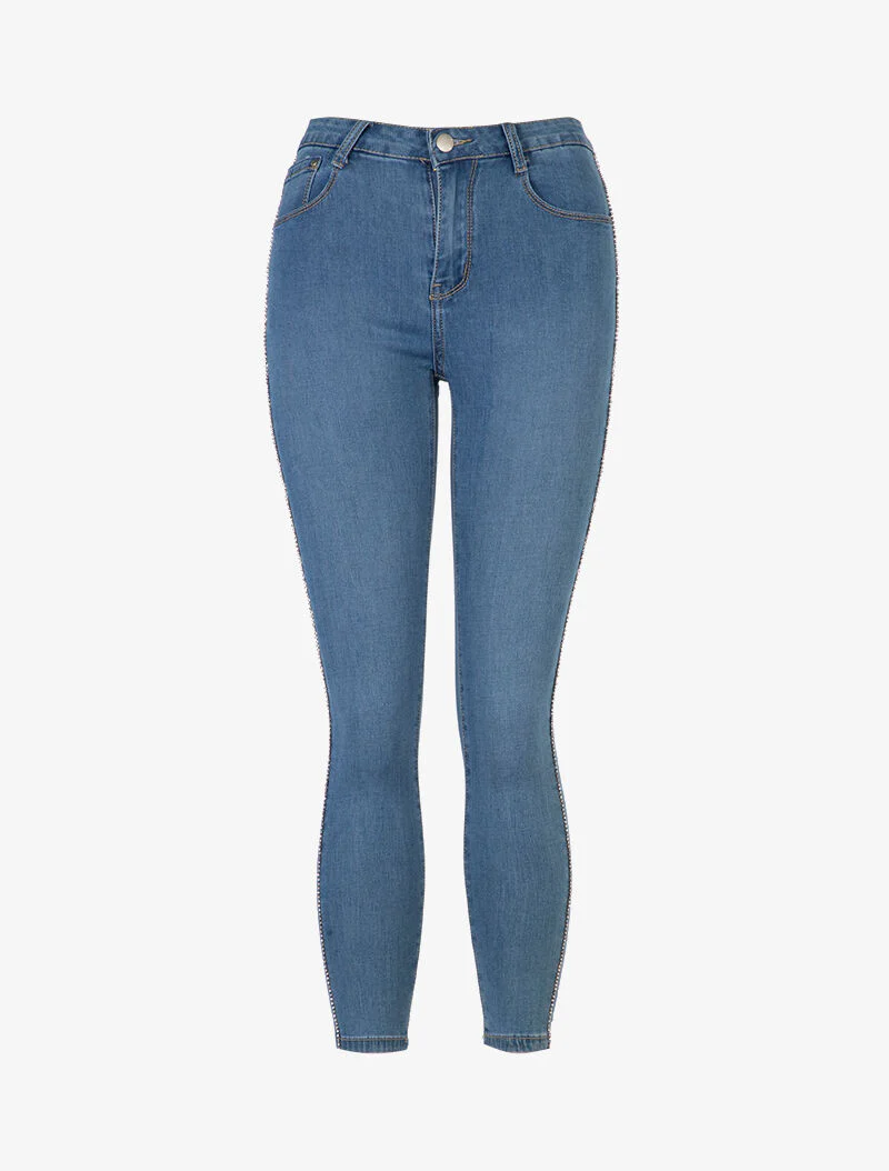 Jean skinny à liserés en strass - bleu denim - Image 2
