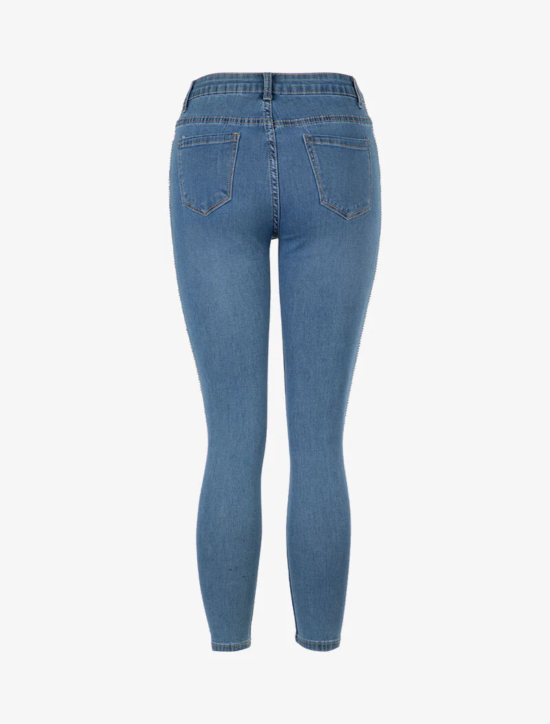 Jean skinny à liserés en strass - bleu denim - Image 3
