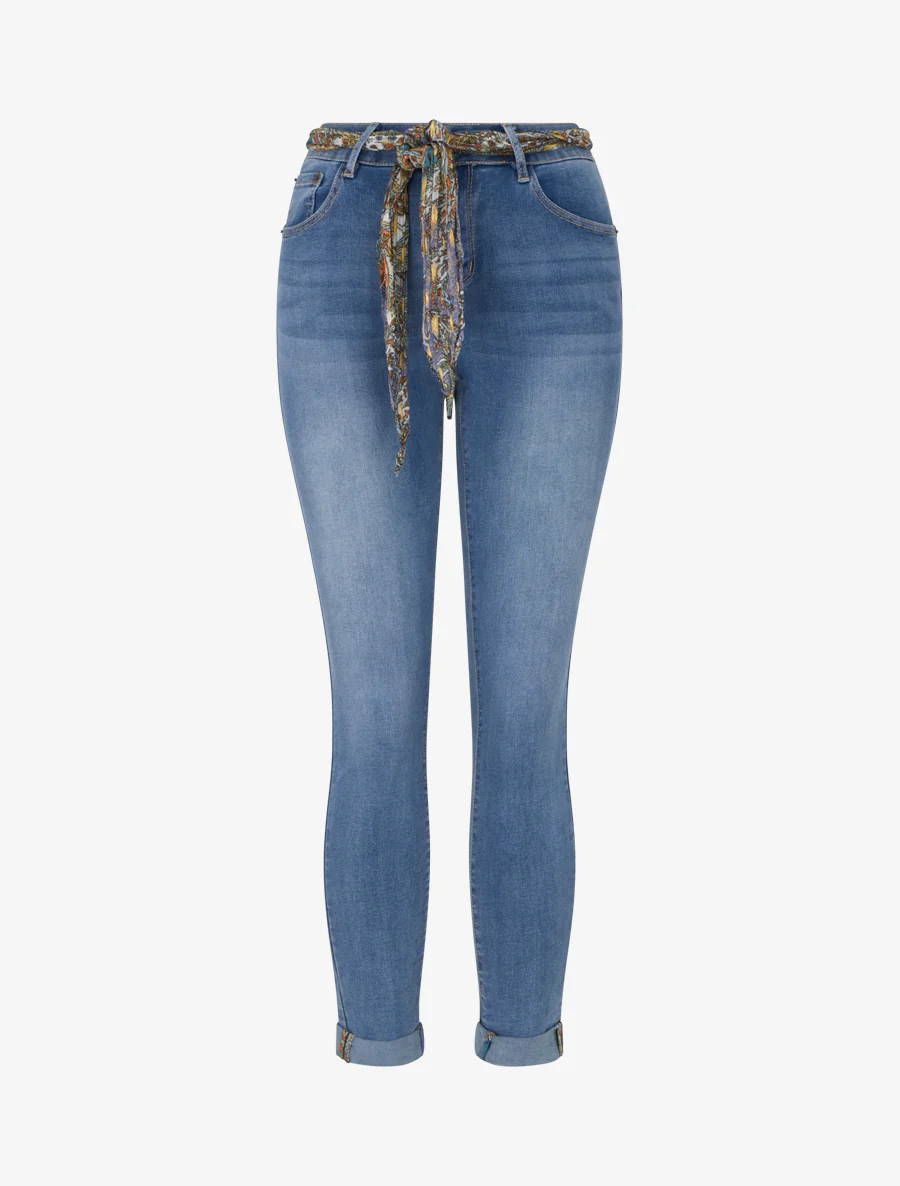 Jean skinny à ourlets fantaisies et ceinture - Bleu