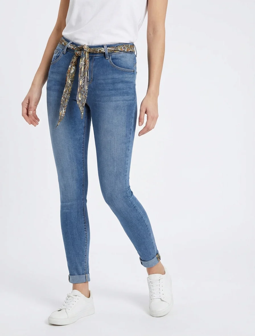 Jean skinny à ourlets fantaisies et ceinture - Bleu - Image 4