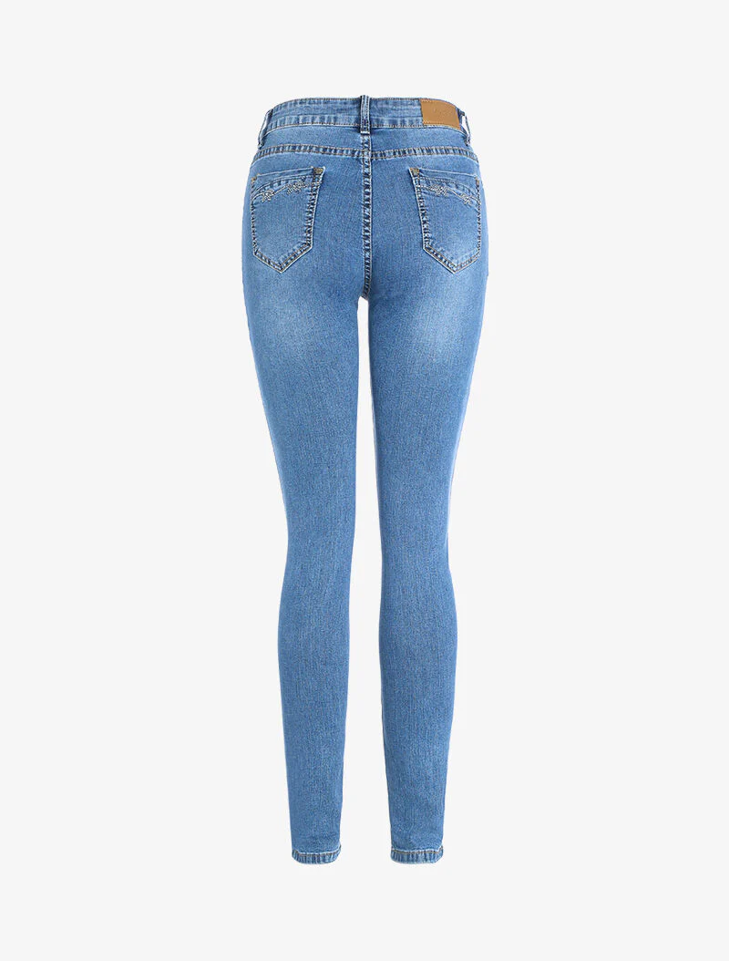 Jean skinny à poches arrières strassées - denim clair - Image 4