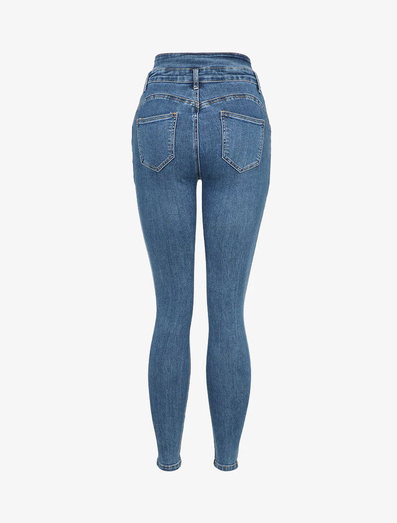 Jean skinny à taille haute boutonnée - Bleu - Image 2