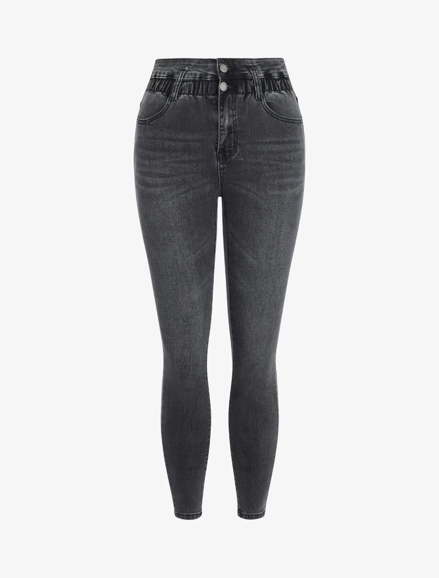 Jean skinny à taille haute élastiquée - Gris foncé
