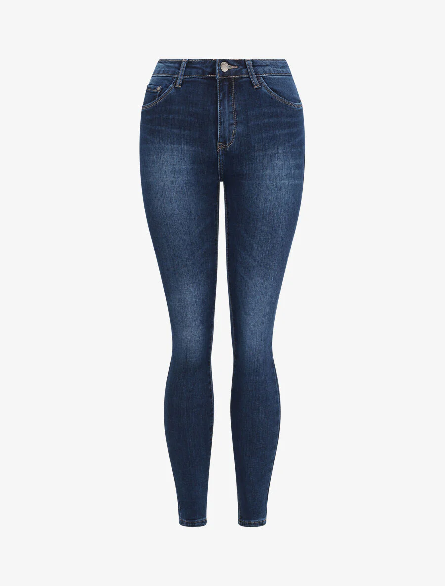 Jean skinny à taille haute et délavé - Bleu denim
