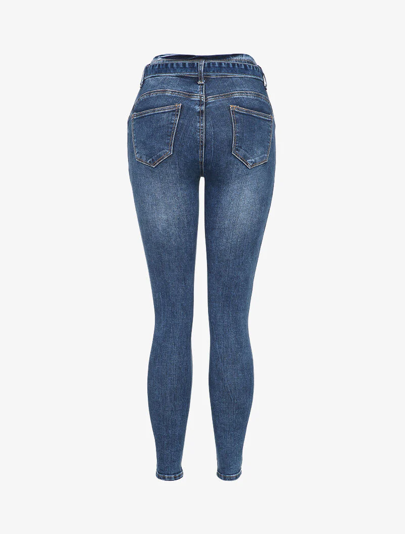 Jean skinny à taille standard froncée - Bleu denim - Image 5