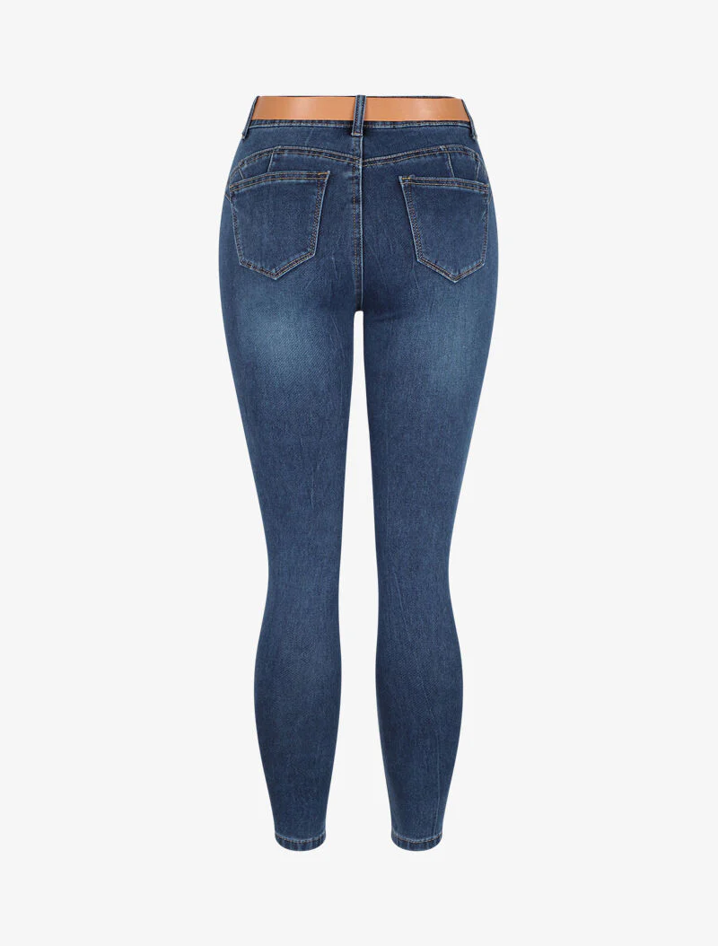 Jean skinny accessoirisé d'une ceinture en simili - Bleu denim - Image 2
