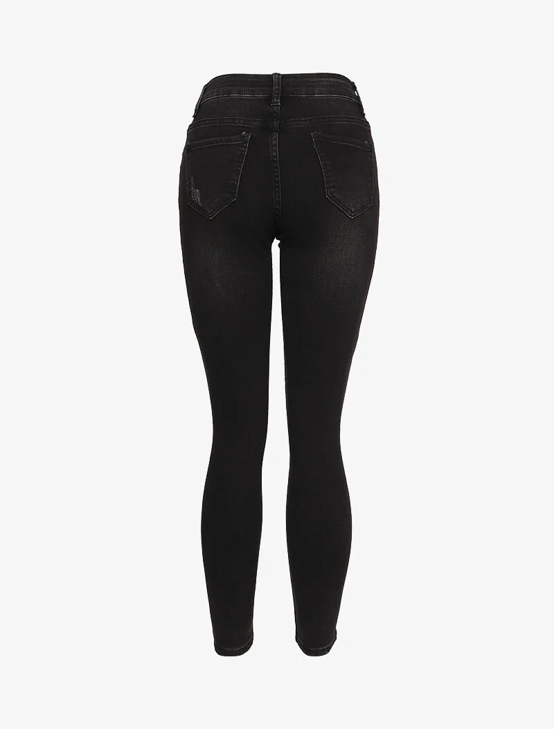 Jean skinny boutonné à taille haute et déchirures - Noir - Image 2
