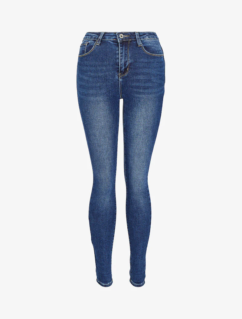 Jean skinny délavé à bords à revers - Bleu denim