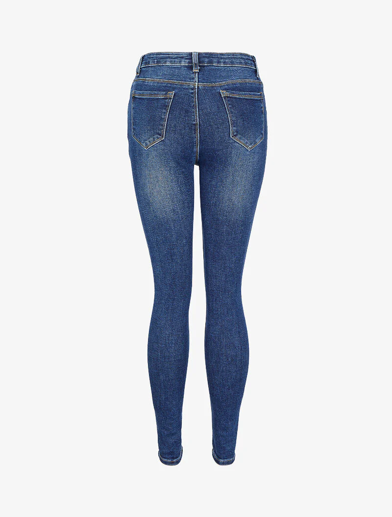 Jean skinny délavé à bords à revers - Bleu denim - Image 2