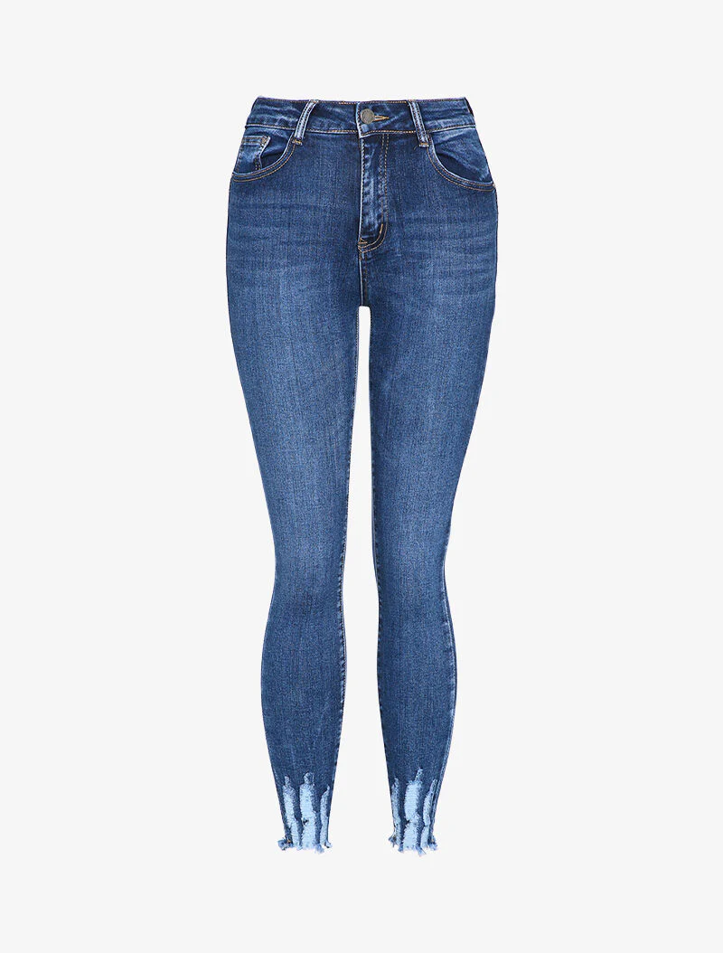 Jean skinny delavé à bords coupe franche effilochés - Bleu