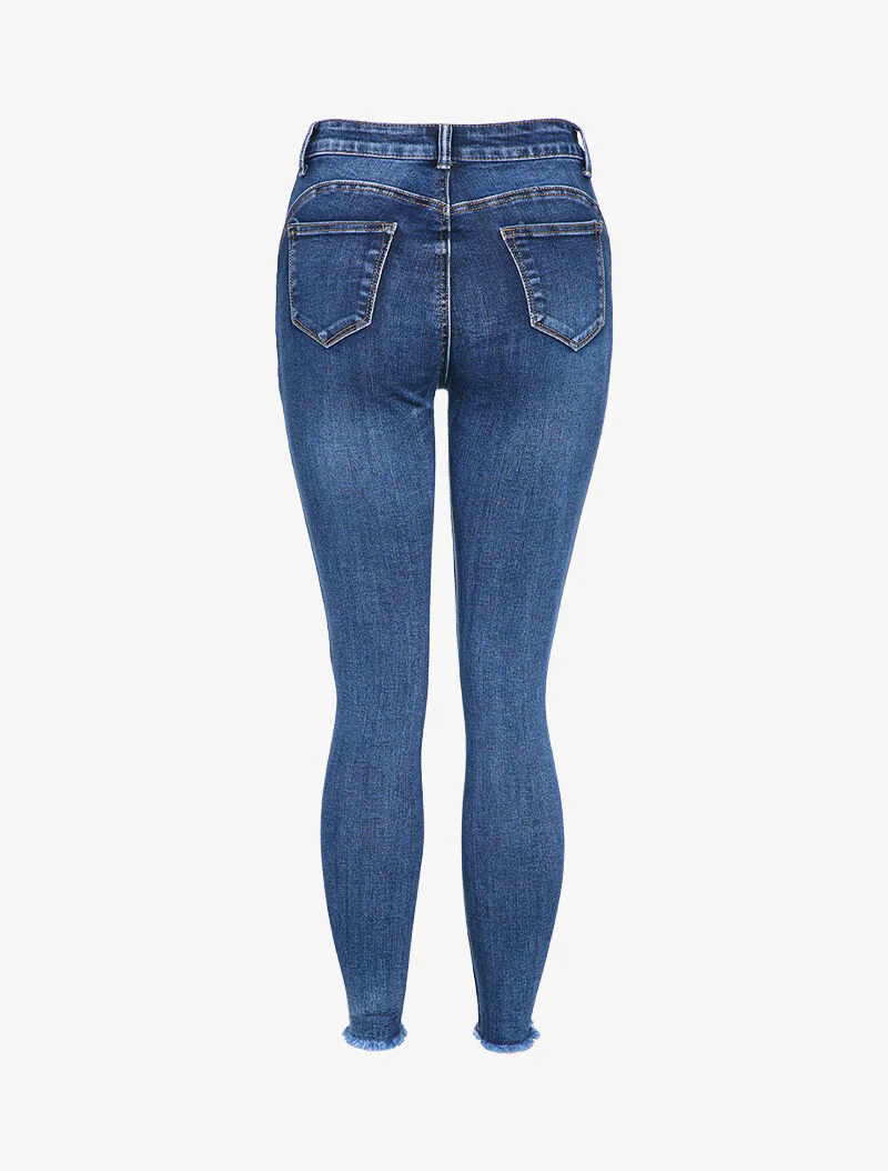 Jean skinny delavé à bords coupe franche effilochés - Bleu - Image 2