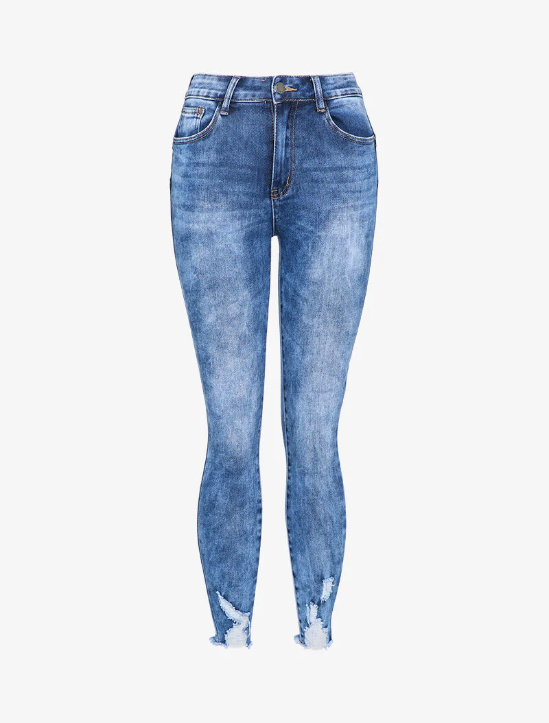 Jean skinny délavé à bords effet usés - Bleu