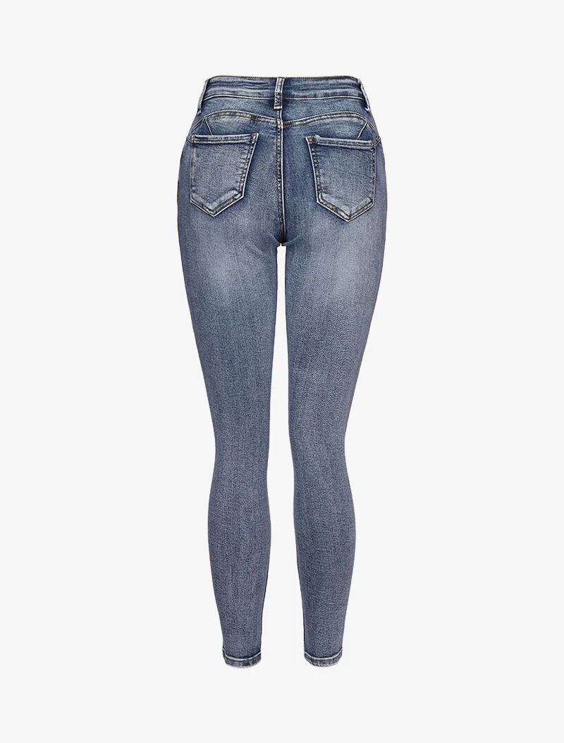 Jean skinny délavé à coutures contrastantes à l'arrière - Bleu - Image 2