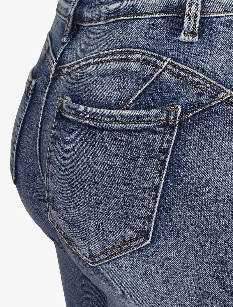 Jean skinny délavé à coutures contrastantes à l'arrière - Bleu - Image 3