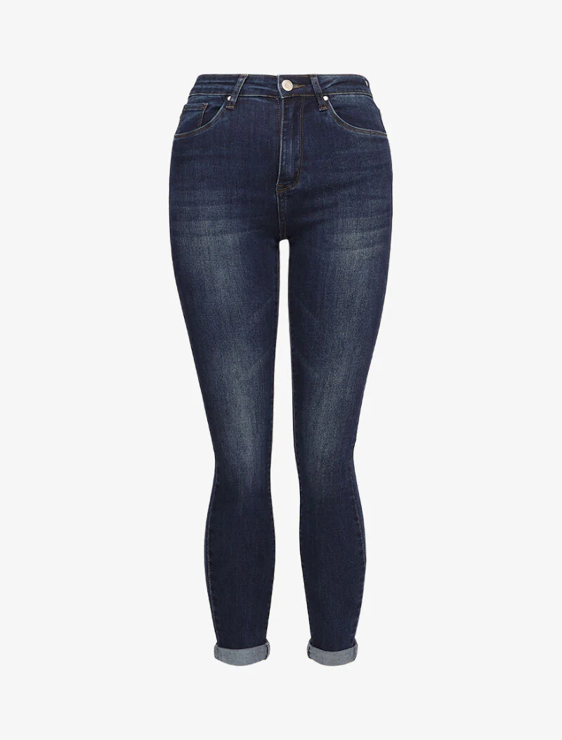 Jean skinny délavé à ourlet à retrousser - Bleu foncé