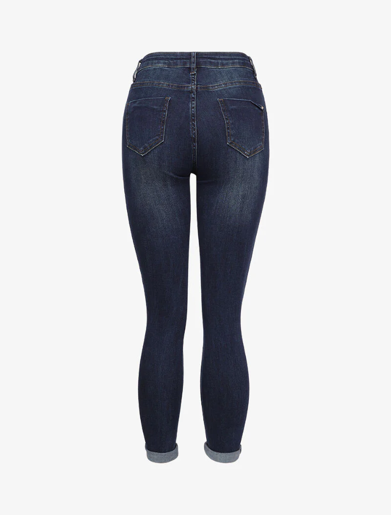 Jean skinny délavé à ourlet à retrousser - Bleu foncé - Image 2