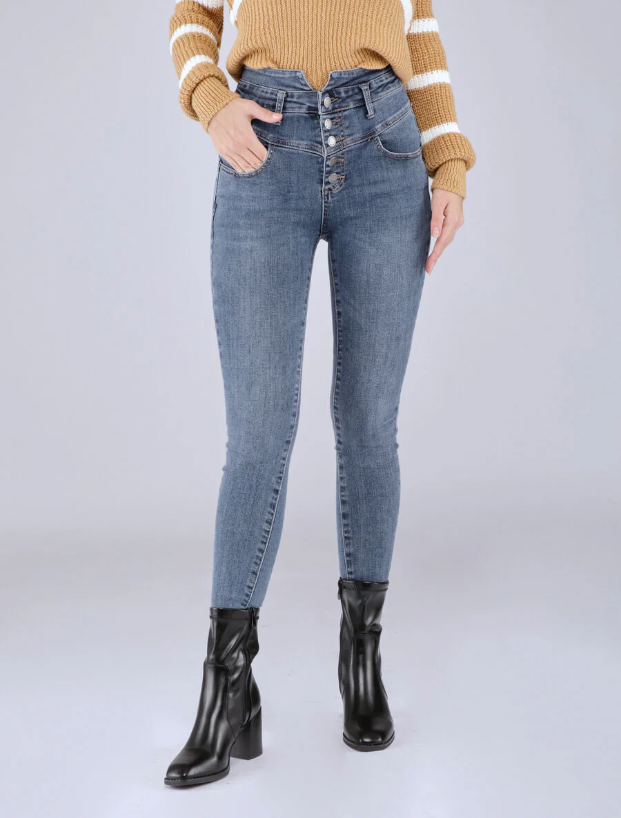 Jean skinny délavé à taille haute boutonnée - Bleu