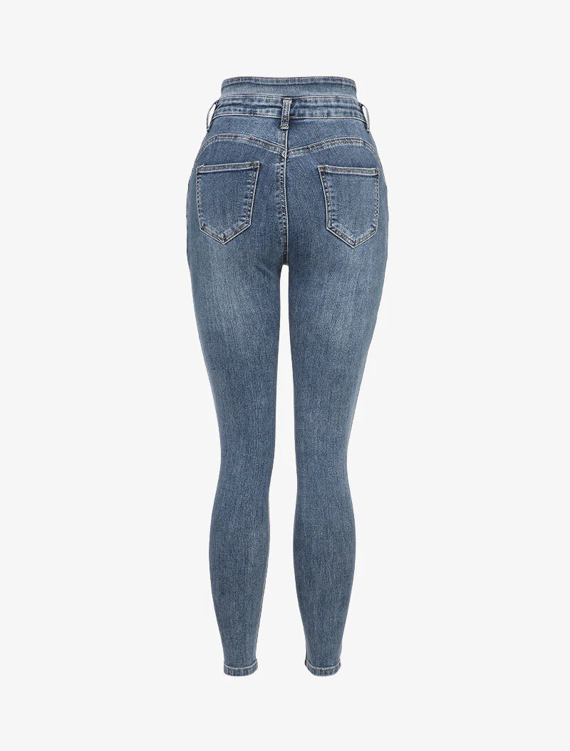 Jean skinny délavé à taille haute boutonnée - Bleu - Image 3
