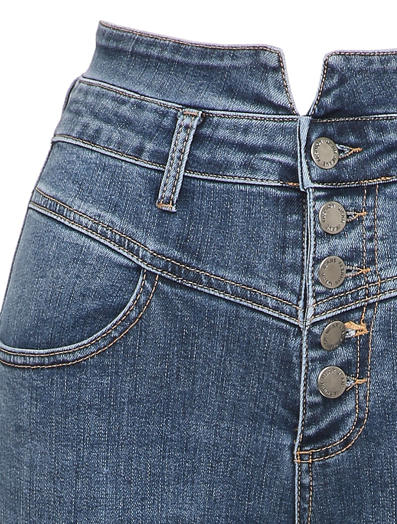 Jean skinny délavé à taille haute boutonnée - Bleu - Image 4